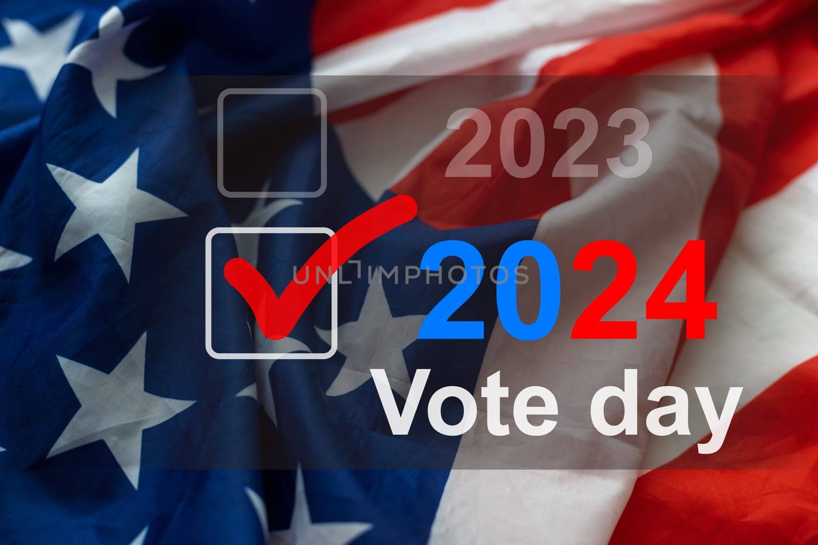 Presidential Election 2024 text on a mini chalkboard over a vintage background with part of the American Flag. Top view. High quality photo