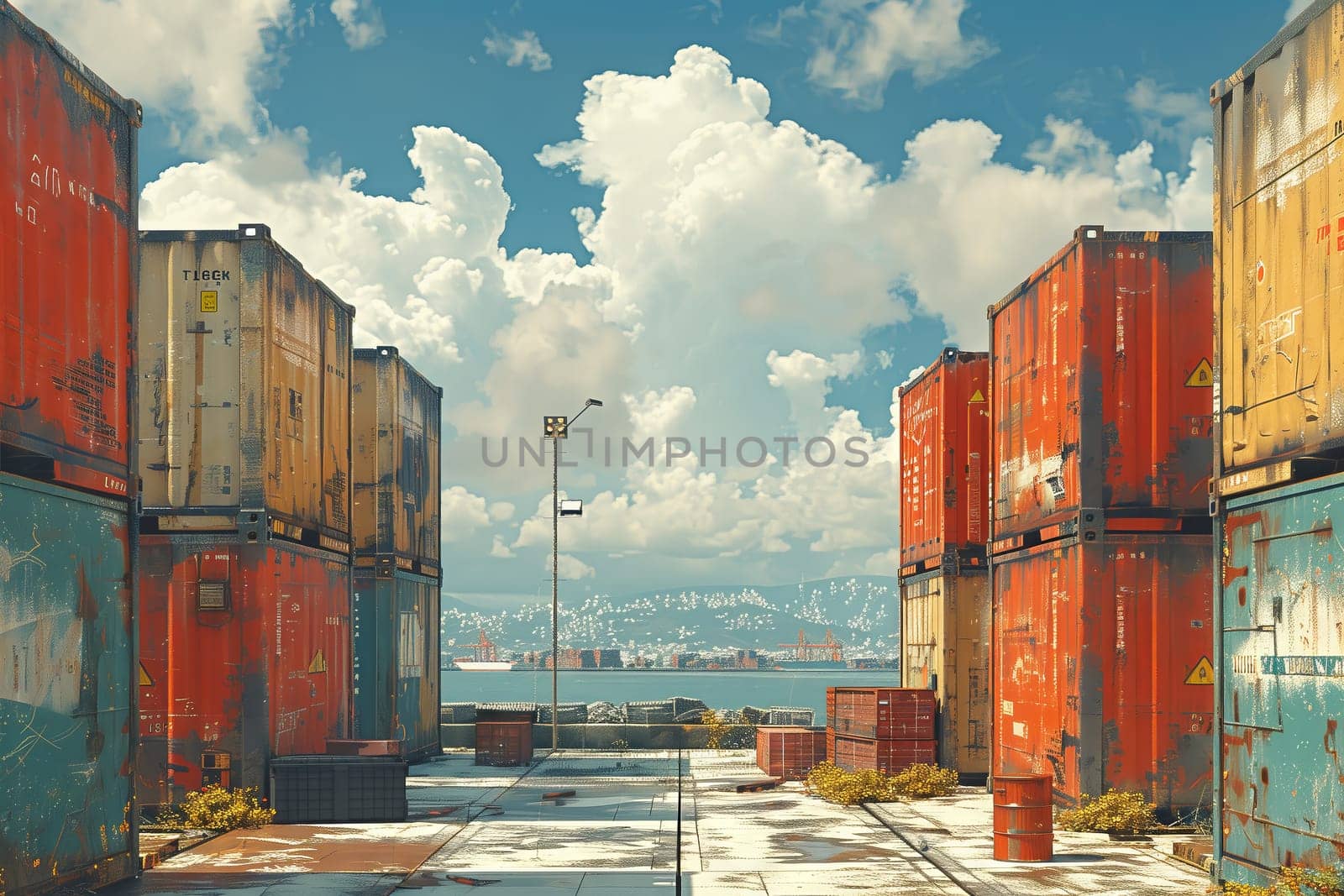 Rusty shipping containers stacked in warehouse industrial art by richwolf