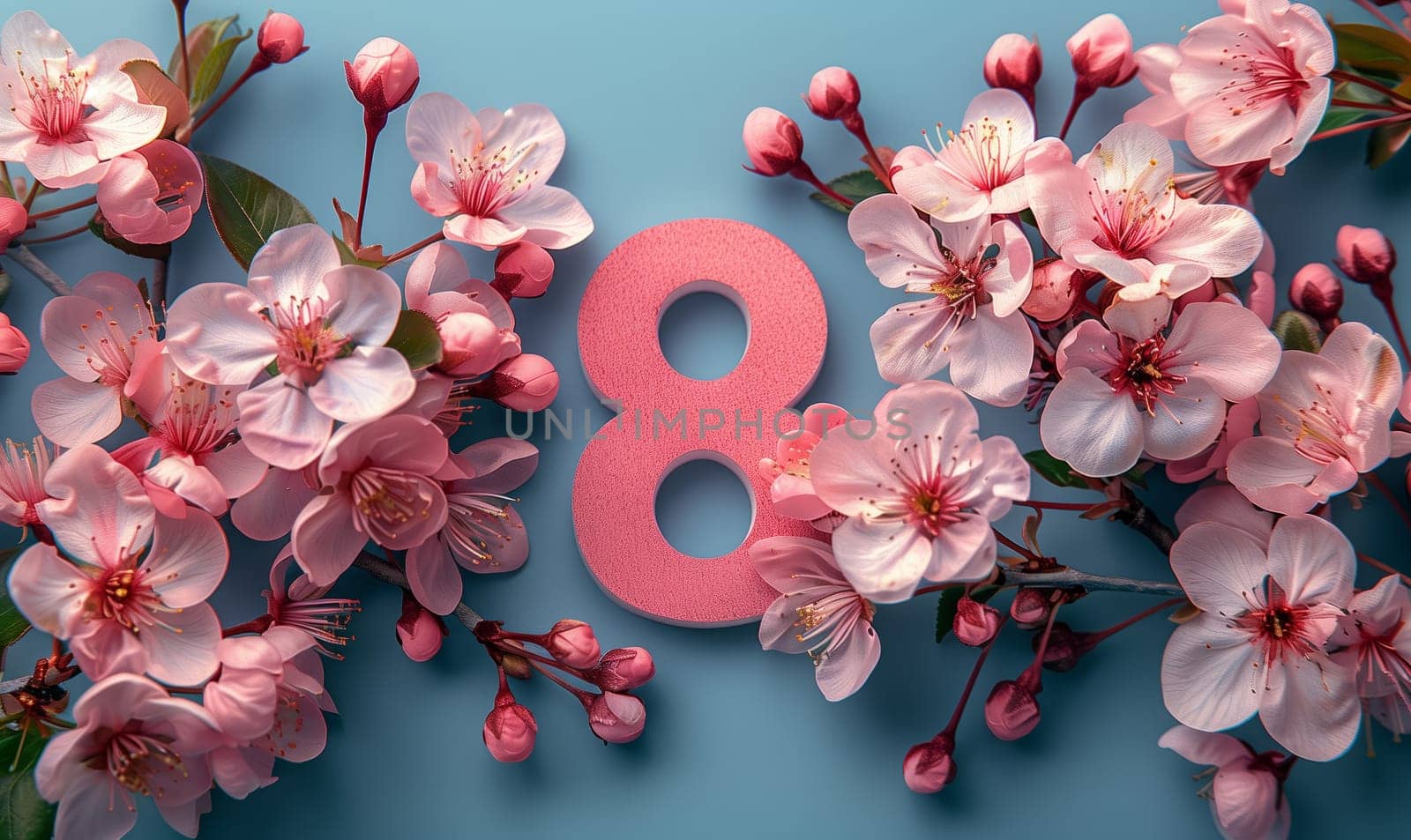 The number 8 is encircled by pink flowers amidst a blue backdrop by richwolf