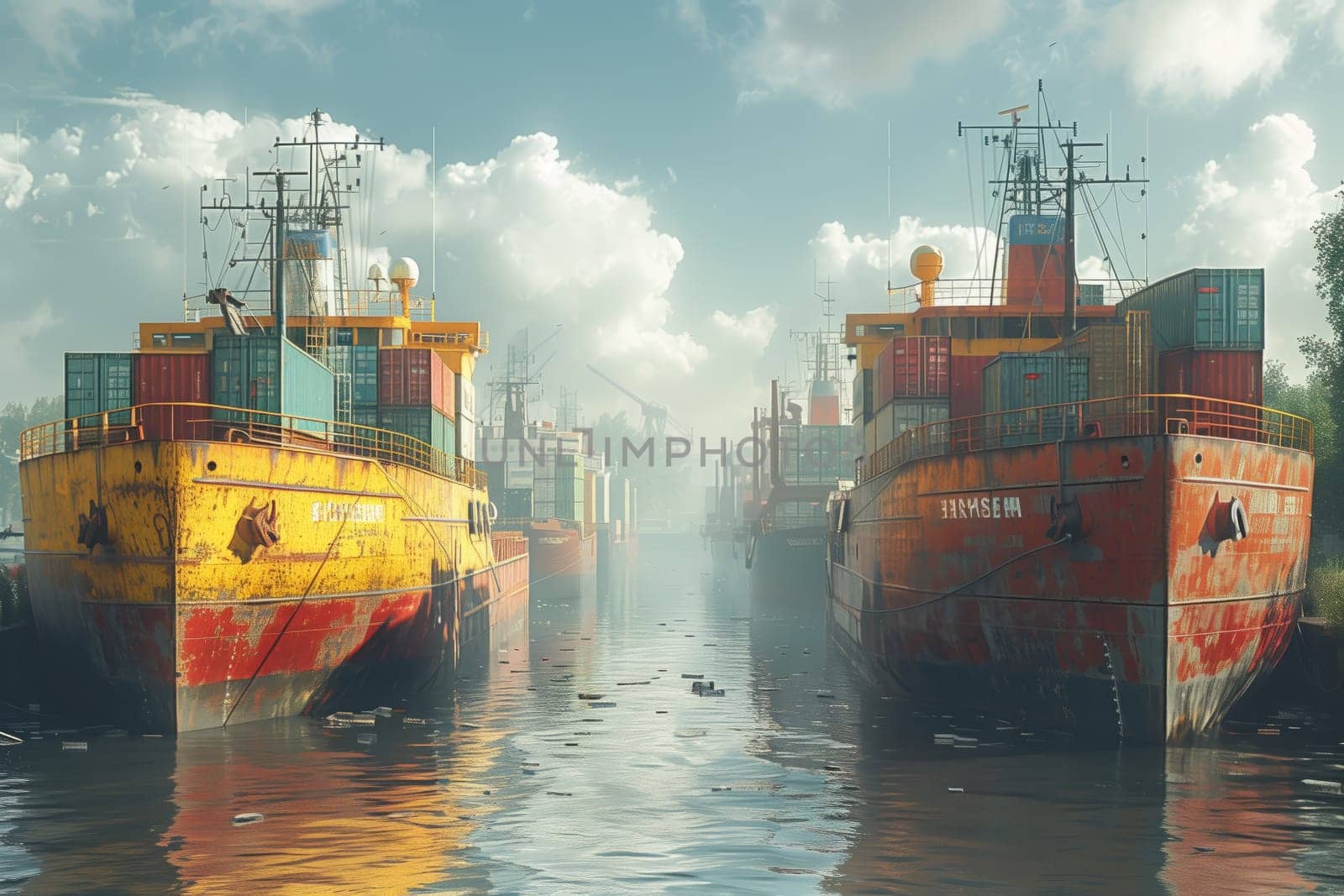 Several watercraft, including cargo ships, are docked in the harbor surrounded by the cityscape under a cloudy sky