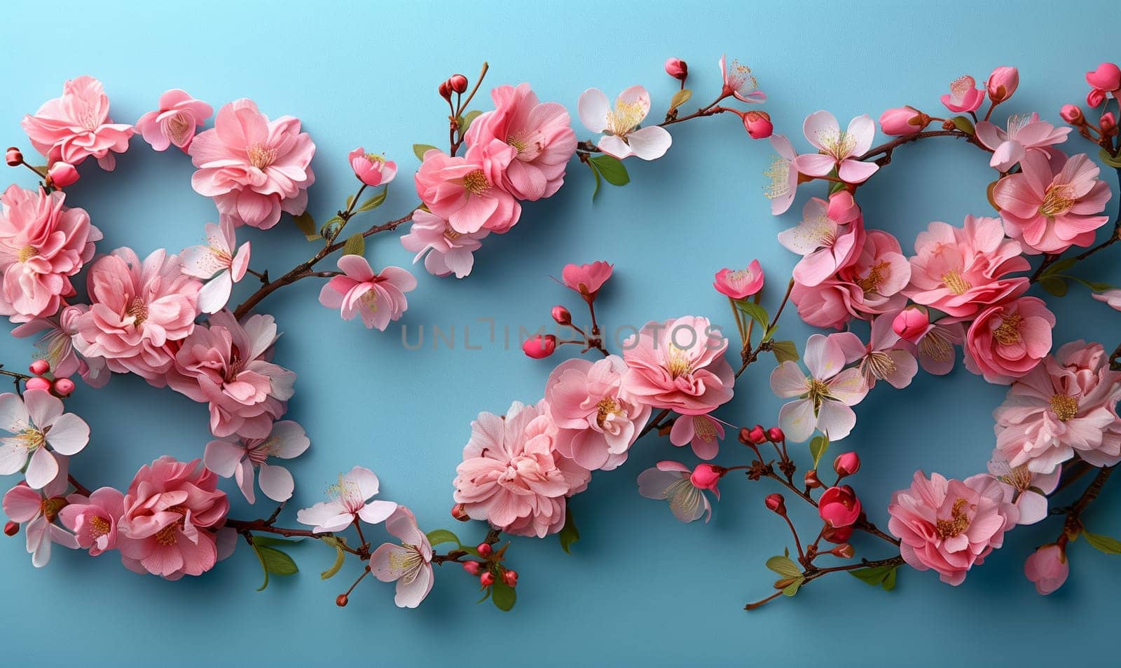 The word love is crafted from pink flowers against a serene aqua backdrop, resembling a beautiful artwork of nature