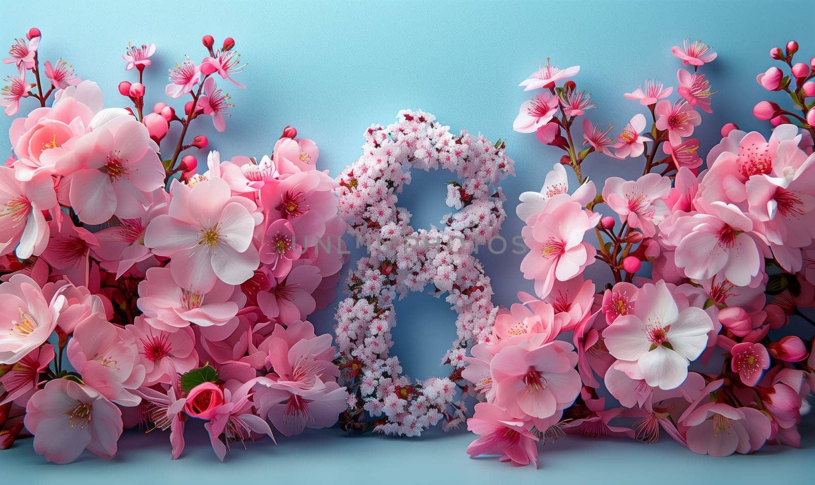 The letter b is crafted from pink flower petals on a blue background by richwolf