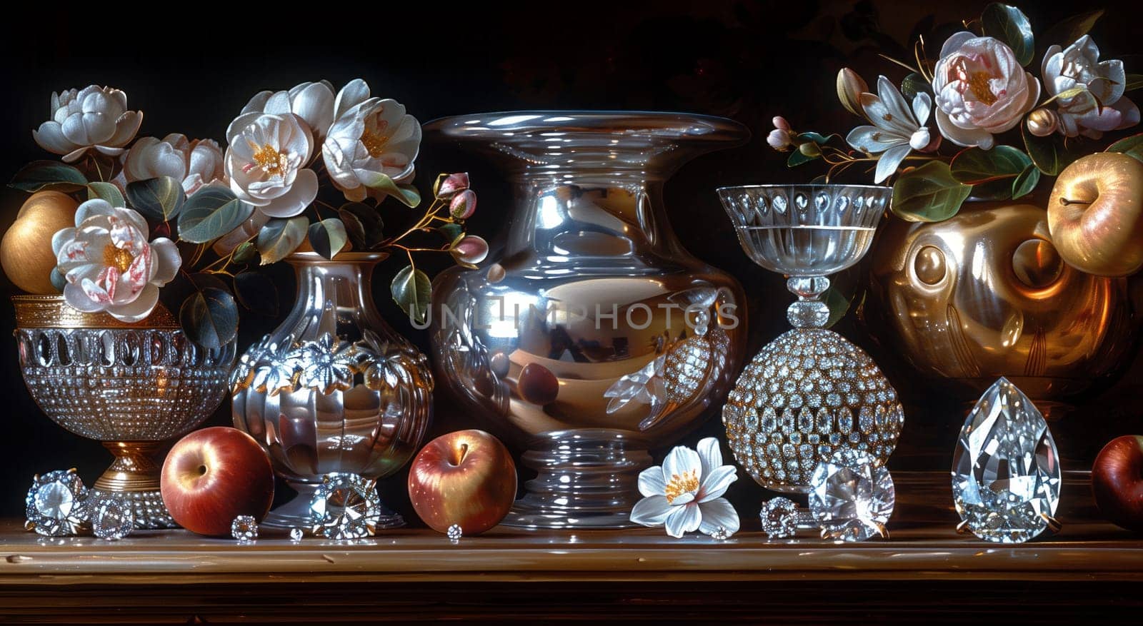 A still life painting featuring sports equipment, serveware, vases, flowerpots, glass, jewellery, and drinkware on a table