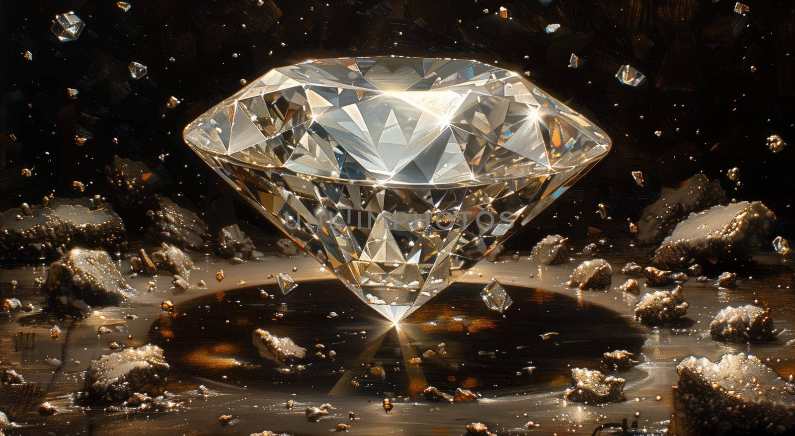 A diamond sparkles atop a heap of stones, radiating symmetry and beauty by richwolf