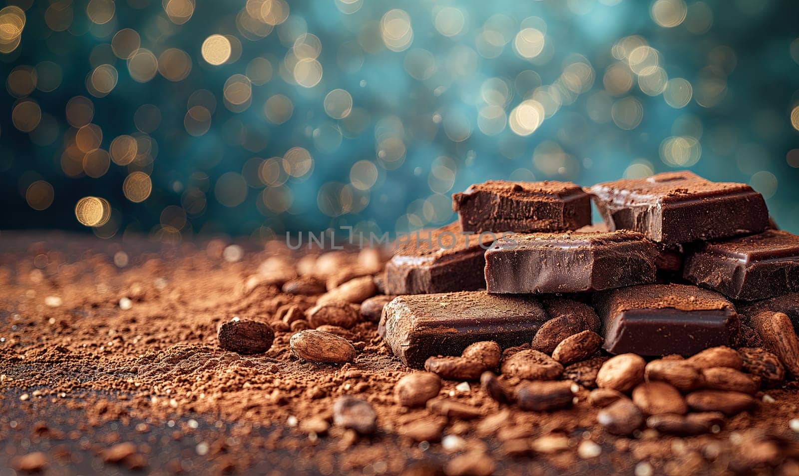 Pieces of chocolate bar with chocolate chips on rust wood background by Fischeron