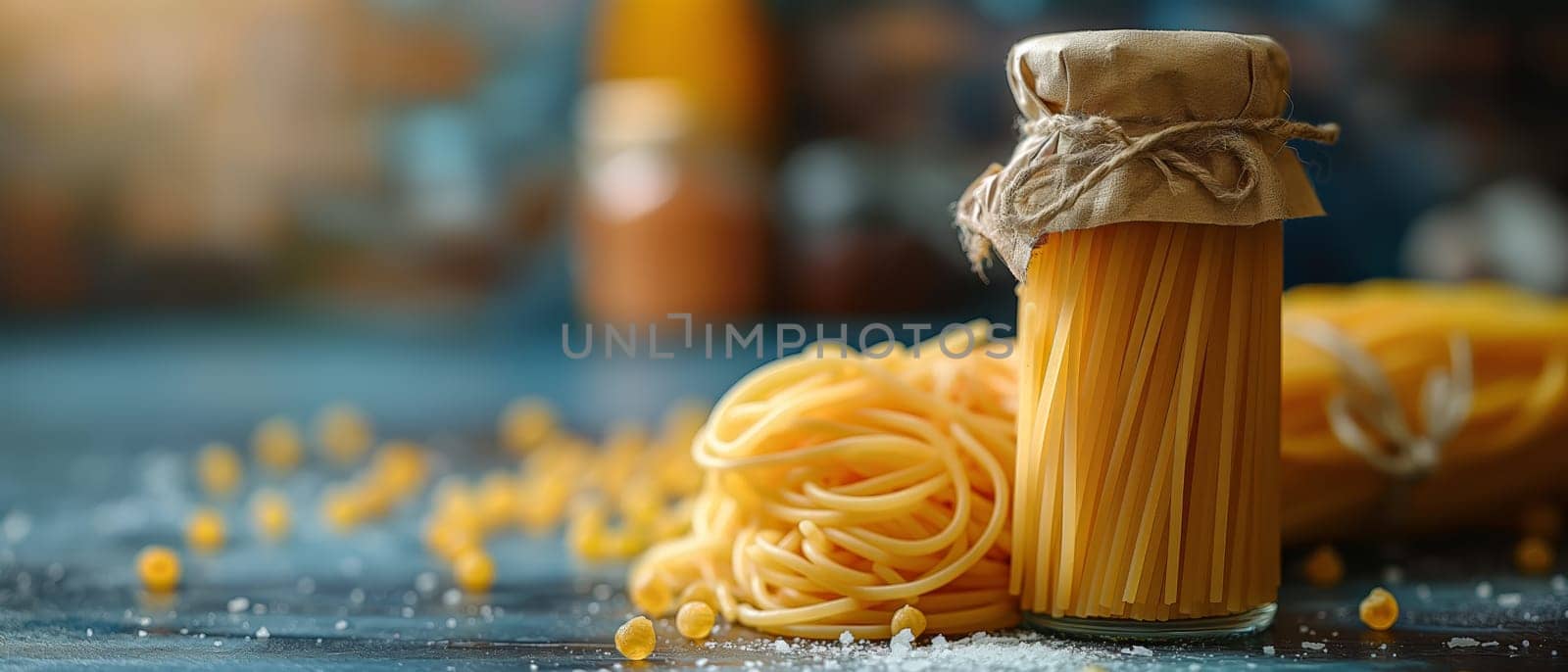 Food background with spaghetti recipe ingredient on blue texture background by Fischeron