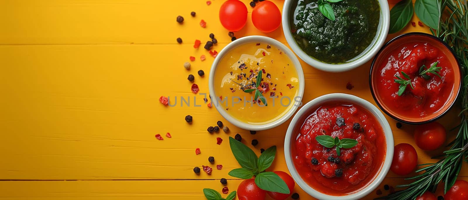 Food background with spices, herbs, sauces and vegetables on a yellow background by Fischeron