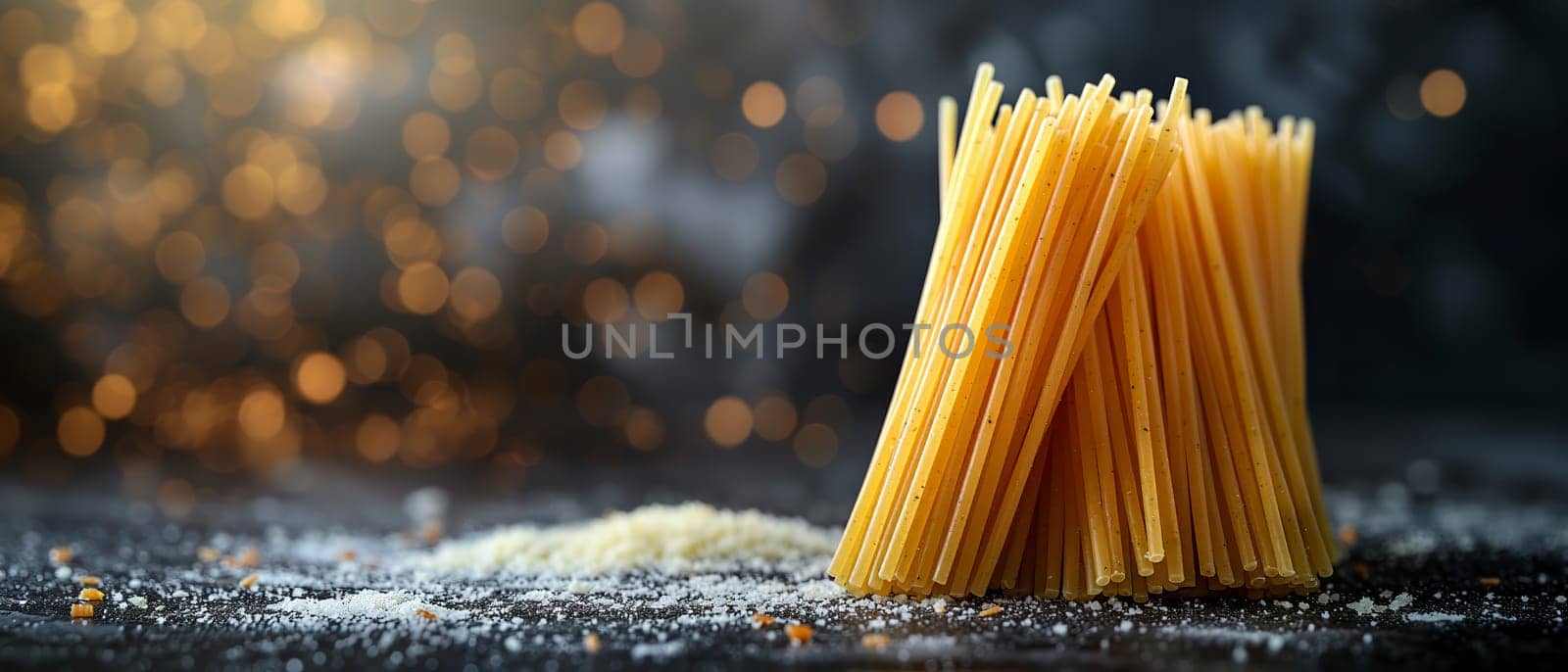 Food background with spaghetti or pasta recipe ingredient on wooden table by Fischeron