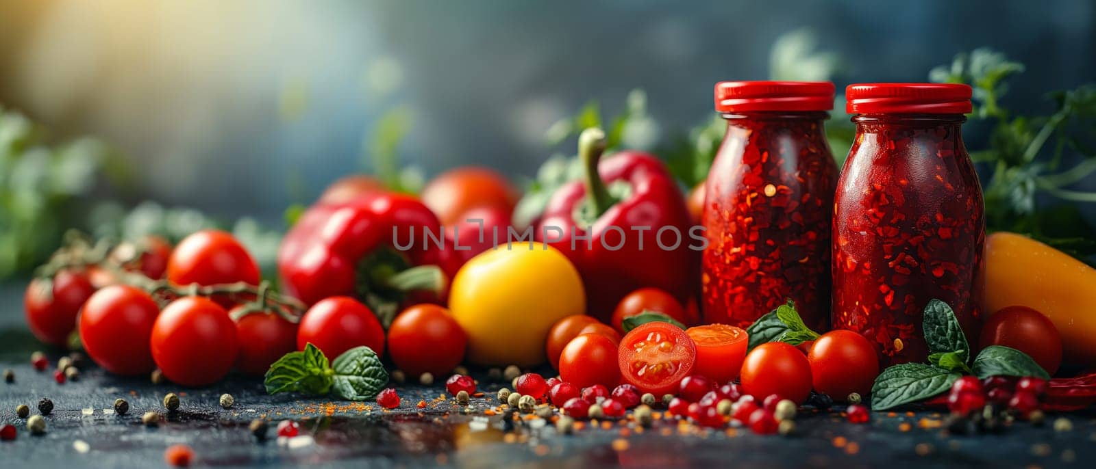 Food background with spices, herbs, sauces and vegetables on a vintage background by Fischeron