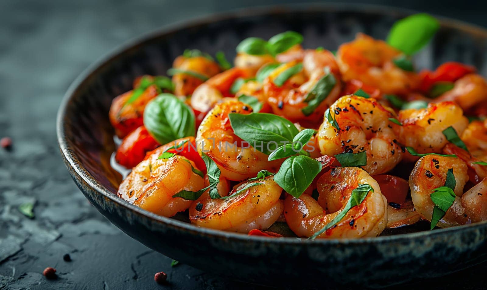 Delicious sauteed spicy shrimp with lime and basilik. Selrctive soft focus.