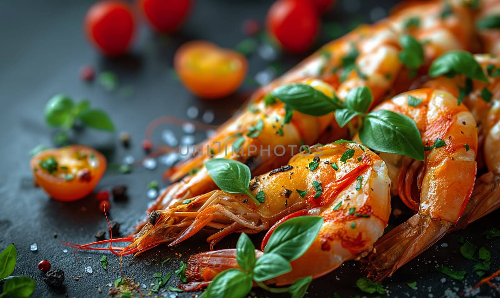 Delicious sauteed spicy shrimp with lime and basilik. Selrctive soft focus.