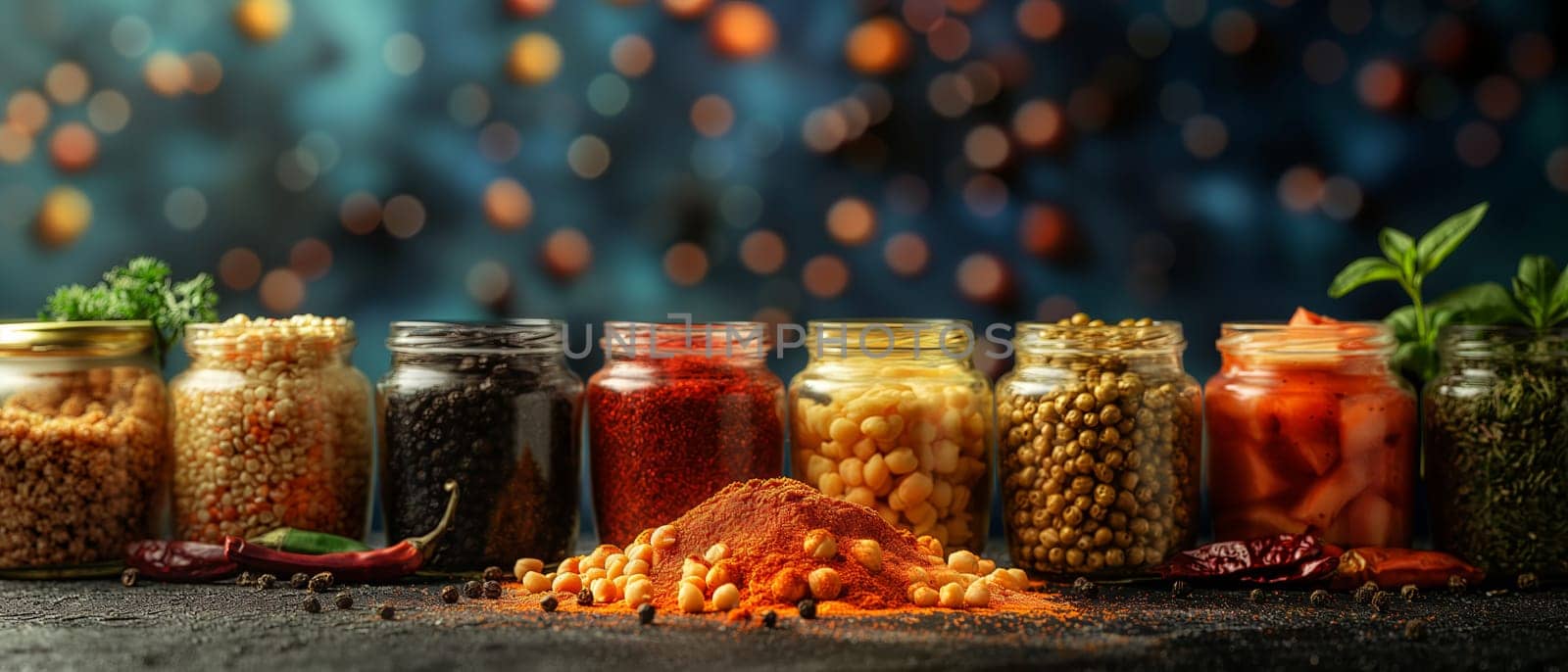 Food background with spices, herbs, sauces and vegetables on a vintage background by Fischeron