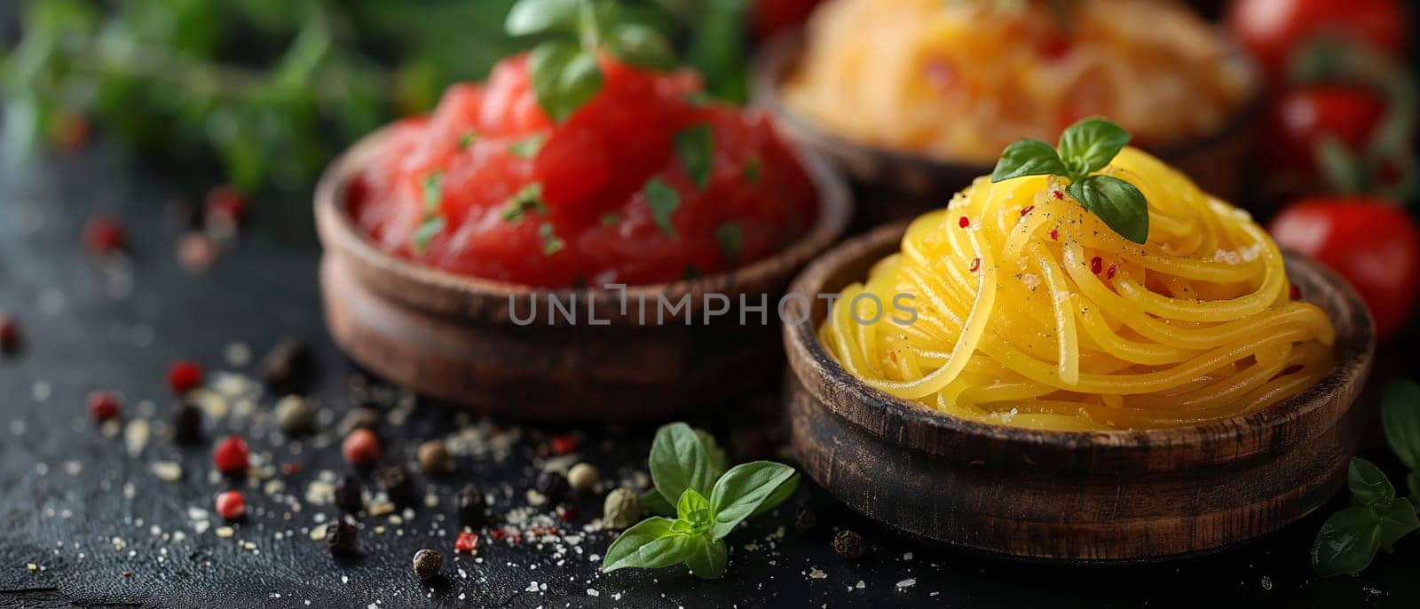 Food background with spaghetti recipe ingredient on black texture background by Fischeron