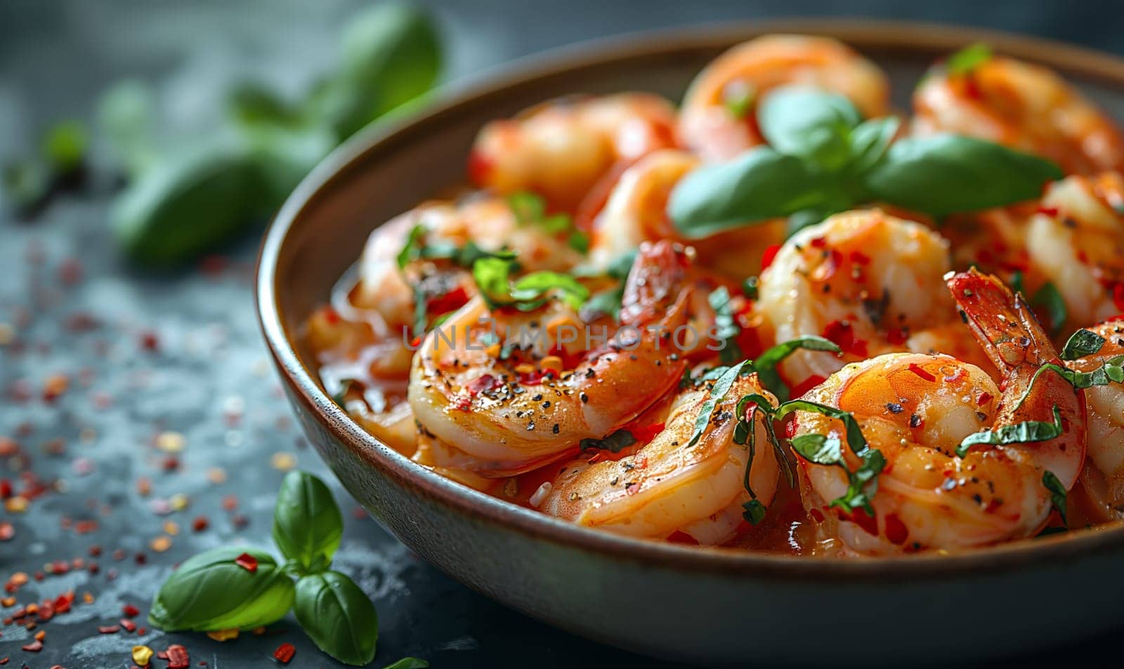 Delicious sauteed spicy shrimp with lime and basilik. Selrctive soft focus.