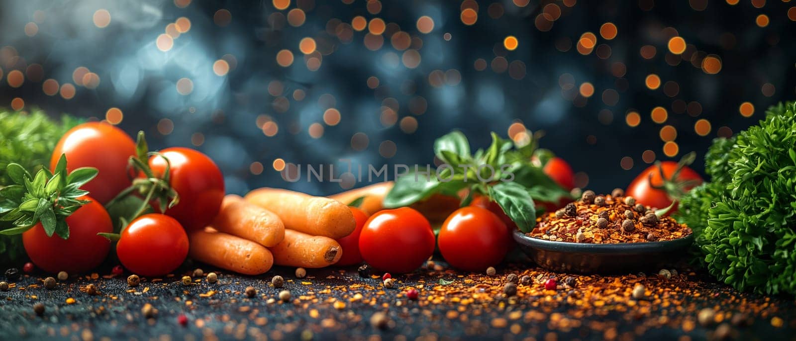 A variety of fresh natural vegetables and spices are on the rustic wooden table.