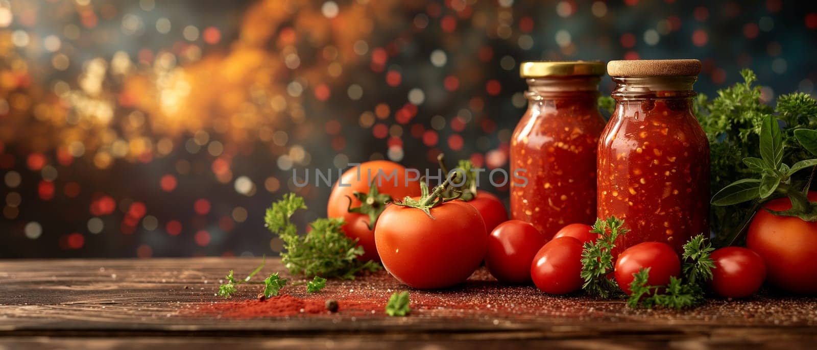 Food background with spices, herbs, sauces and vegetables on a vintage background.