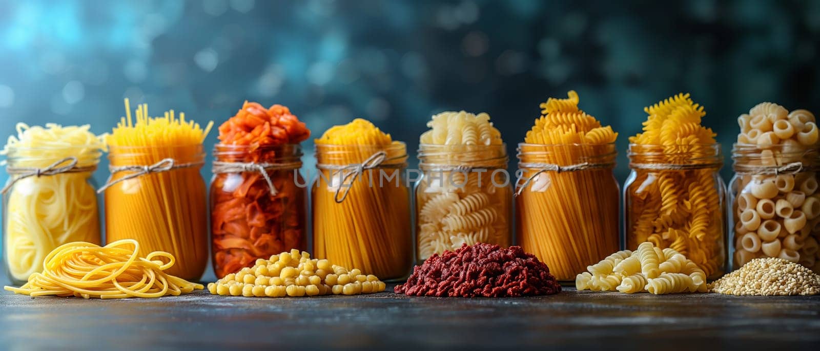 Food background with spaghetti recipe ingredient on blue texture background by Fischeron