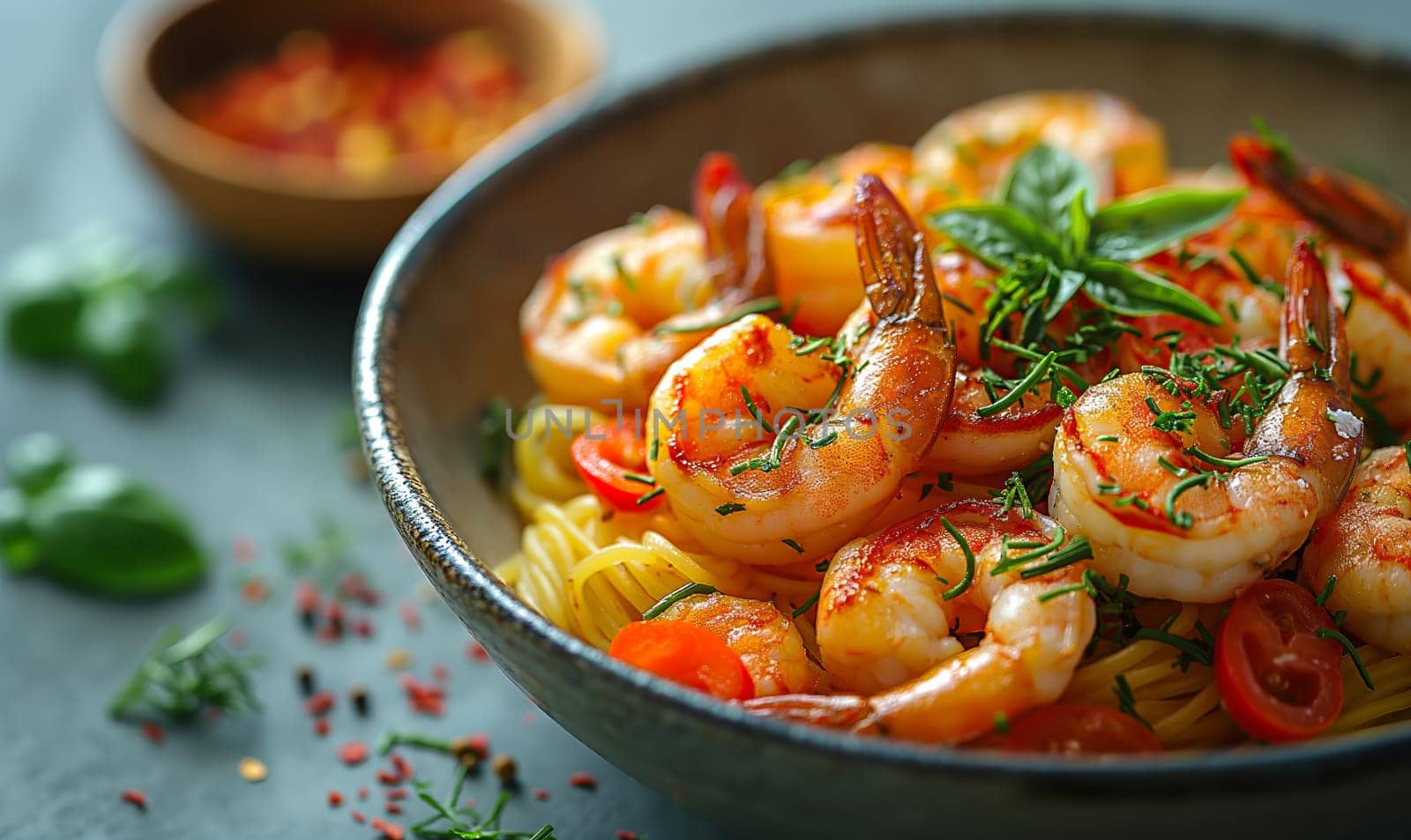 Delicious sauteed spicy shrimp with lime and basilik. Selrctive soft focus.