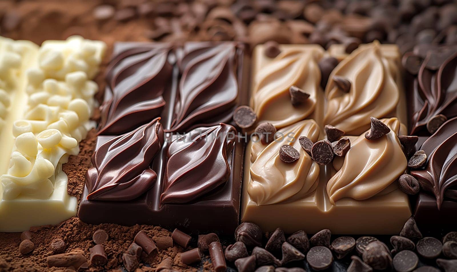 Pieces of chocolate bar with chocolate chips on rust wood background.