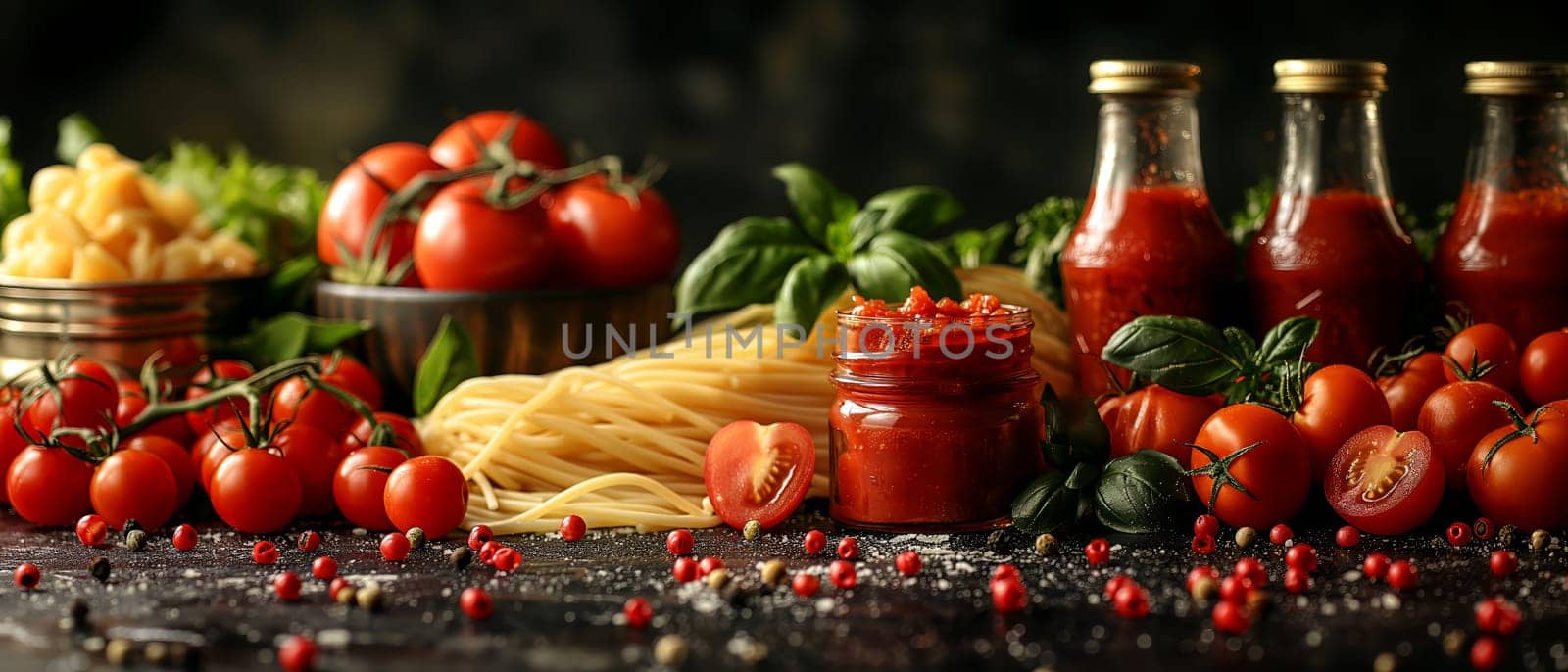 Food background with spaghetti recipe ingredient on black texture background by Fischeron