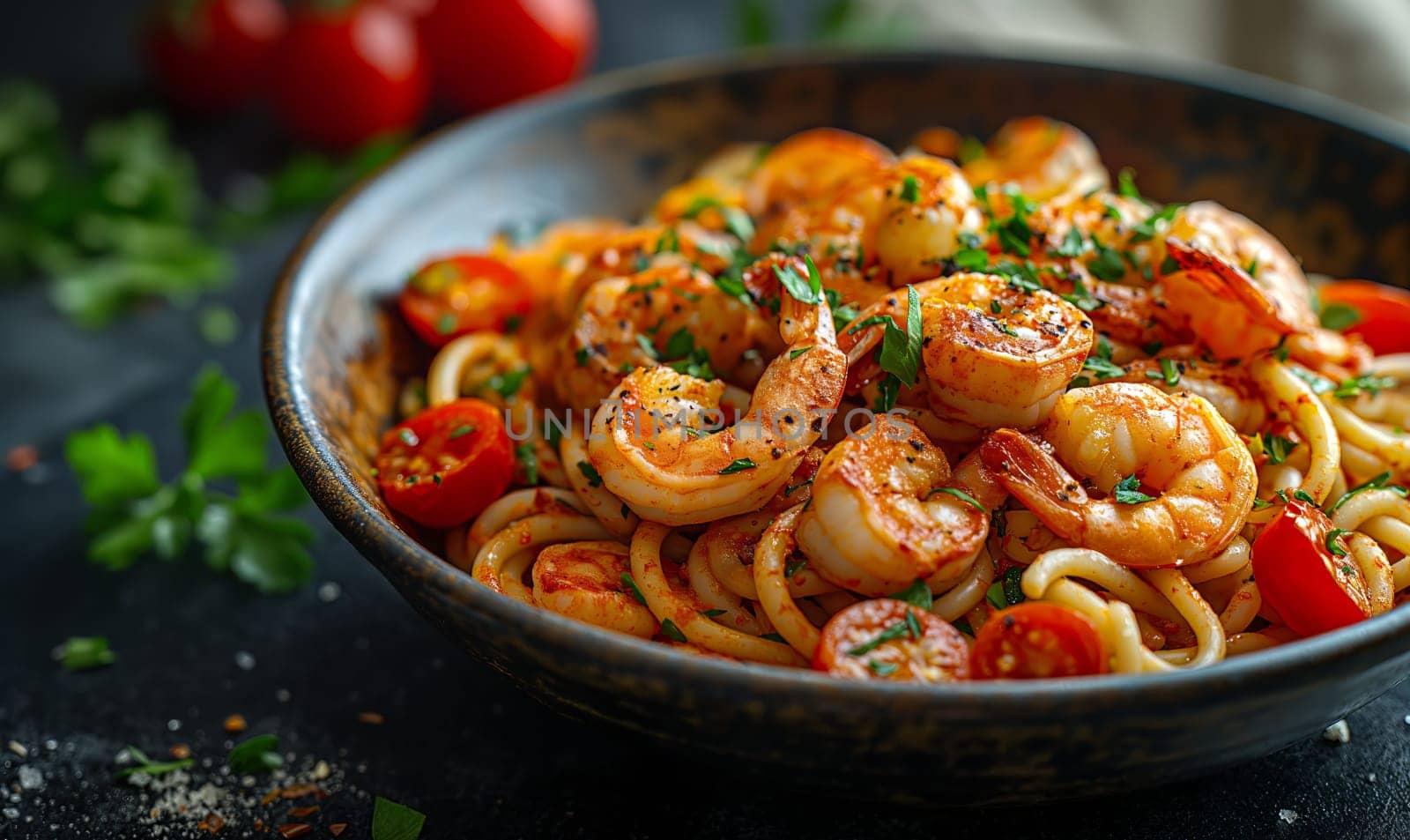 Delicious sauteed spicy shrimp with lime and basilik. Selrctive soft focus.