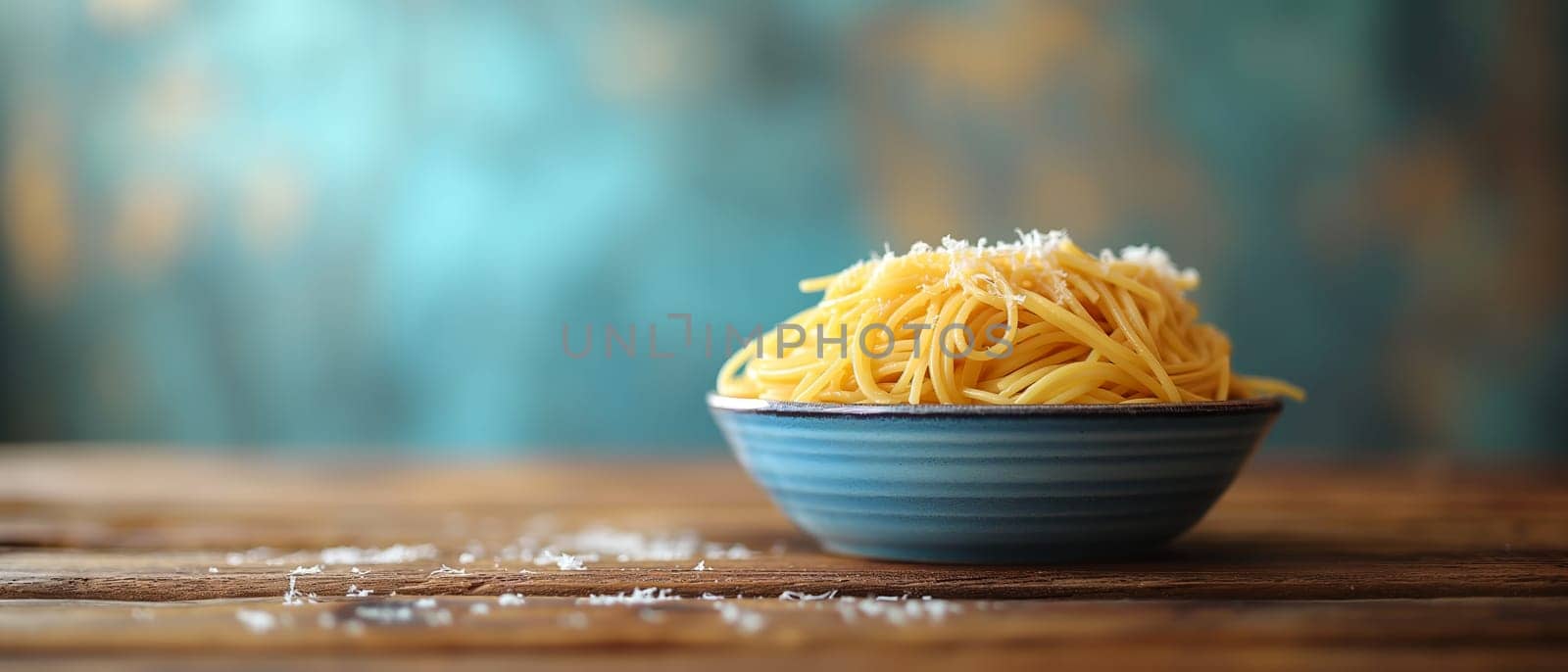 Food background with spaghetti recipe ingredient on blue texture background.