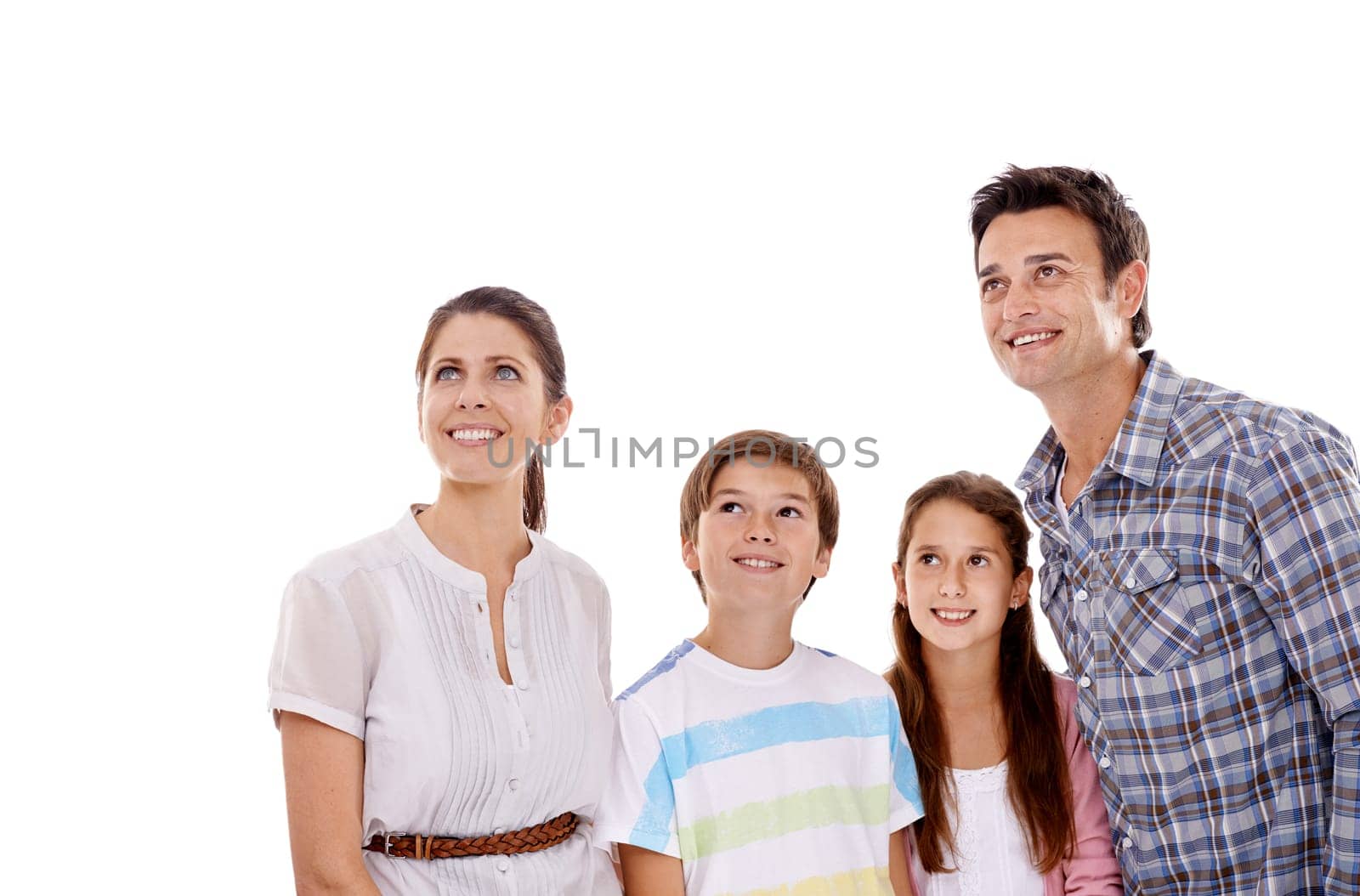 Mother, father and children on a white background looking up for bonding, relationship and mockup space. Family, love and isolated mom, dad and kids for news, information and announcement in studio.