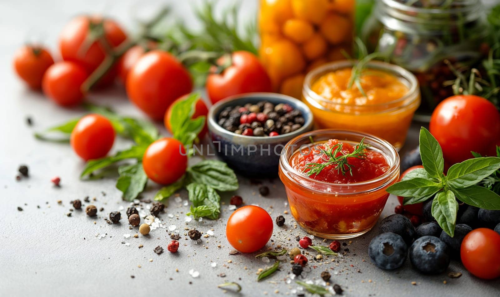 Food background with spices, herbs, sauces and vegetables on a white background by Fischeron