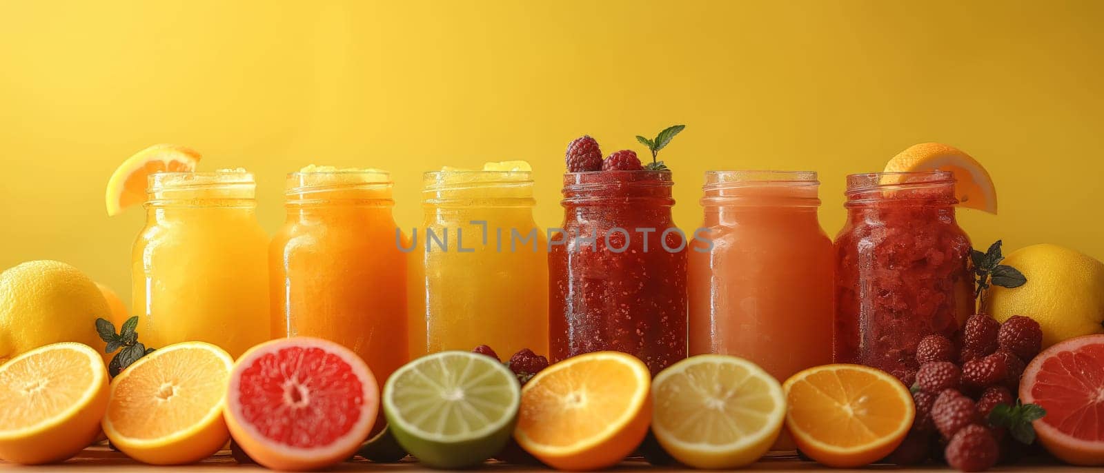 Set of various fresh fruit smoothies or juice on yellow background.