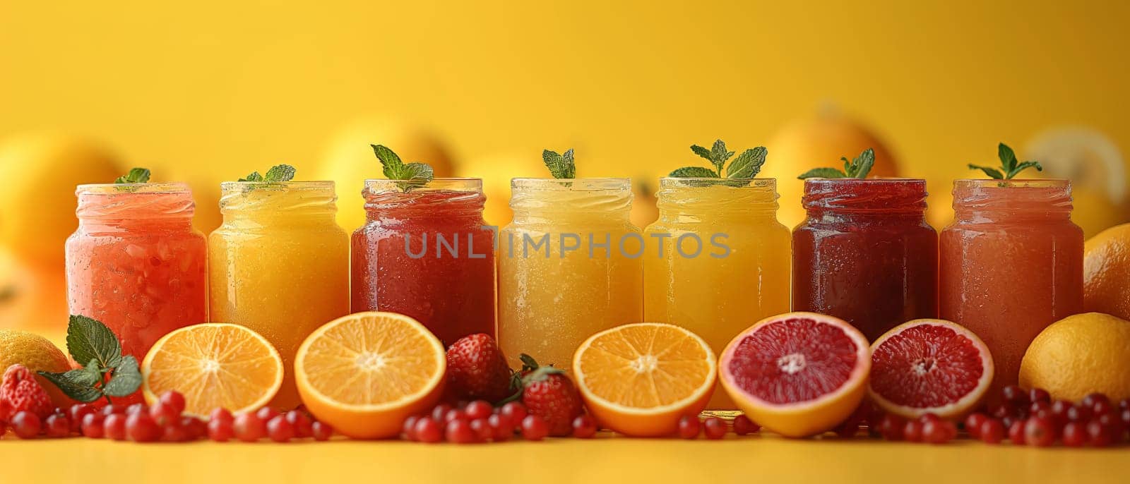 Set of various fresh fruit smoothies or juice on yellow background by Fischeron