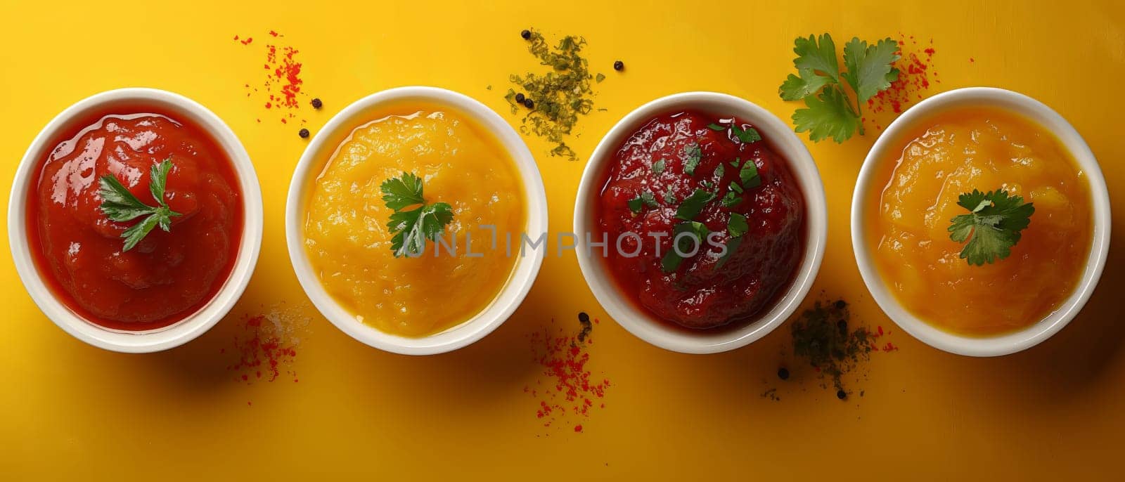 Food background with spices, herbs, sauces and vegetables on a yellow background.