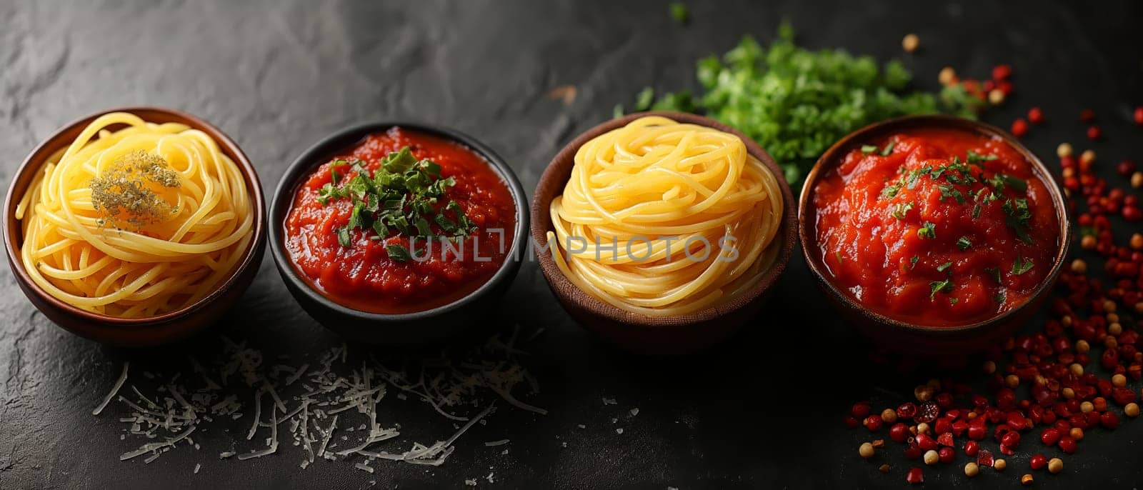 Food background with spaghetti recipe ingredient on black texture background by Fischeron