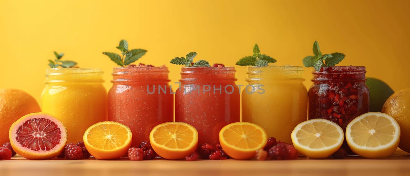 Set of various fresh fruit smoothies or juice on yellow background by Fischeron