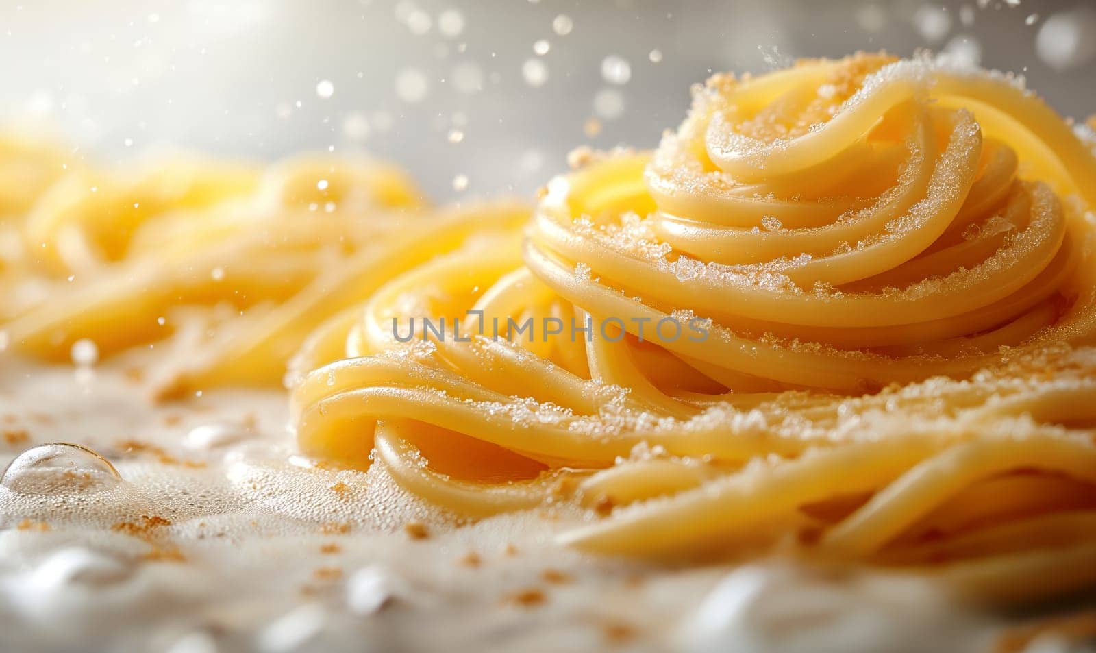 Food background with spaghetti or pasta recipe ingredient on wooden table by Fischeron