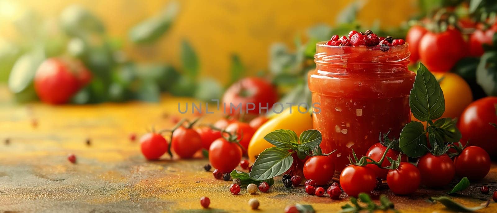 Food background with spices, herbs, sauces and vegetables on a yellow background by Fischeron