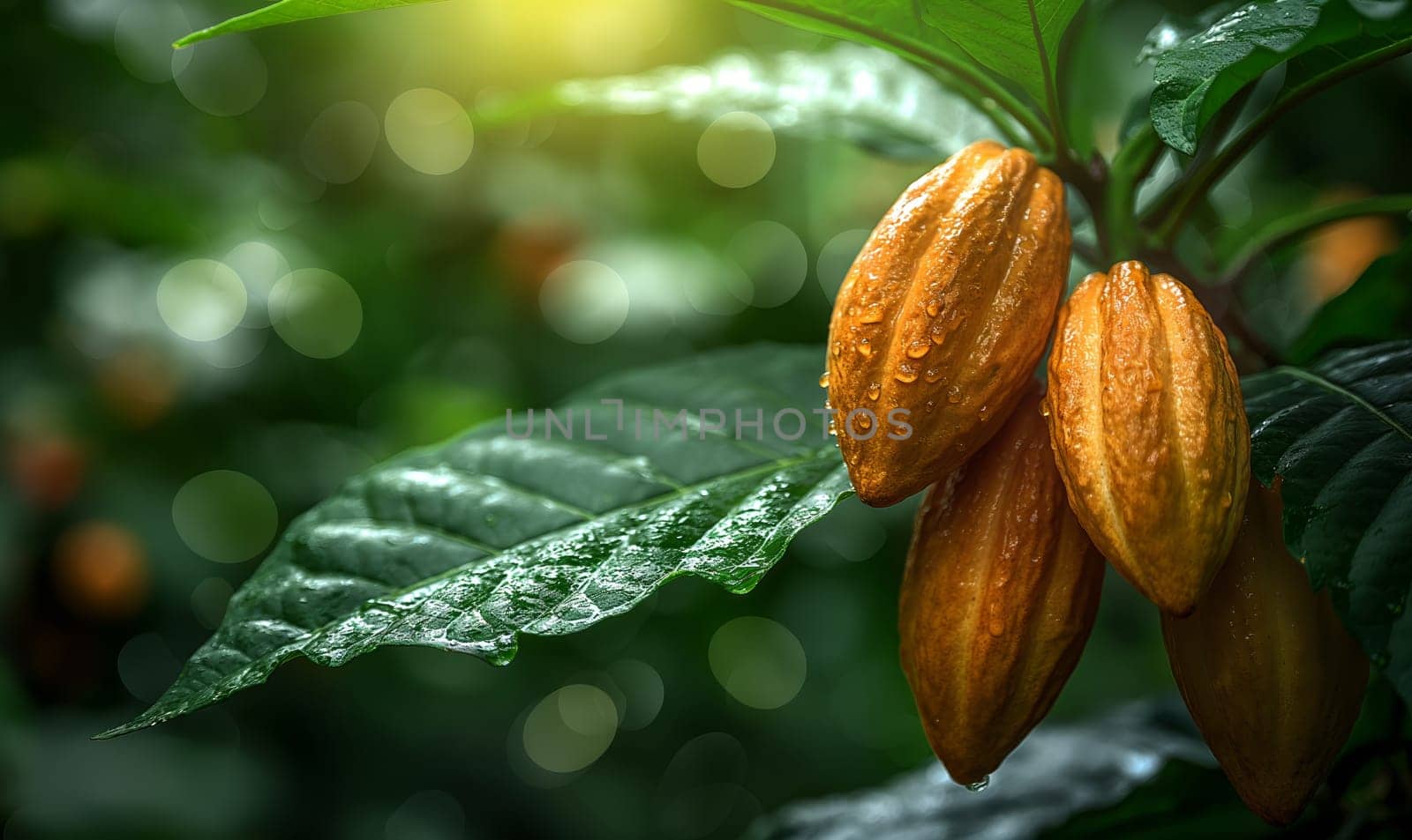 Beautiful ripe cocoa bean fruit on tree. Generative Ai by Fischeron