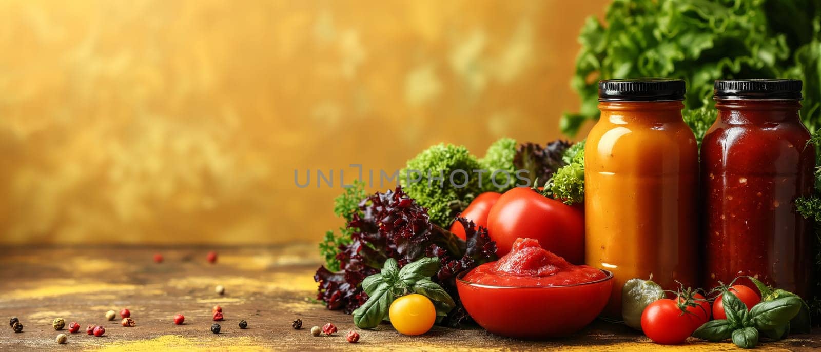 Food background with spices, herbs, sauces and vegetables on a yellow background.