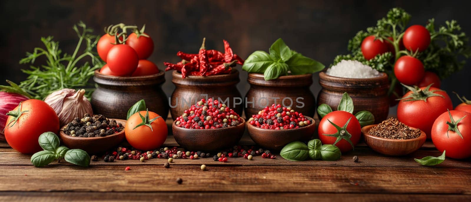 A variety of fresh natural vegetables and spices are on the rustic wooden table.