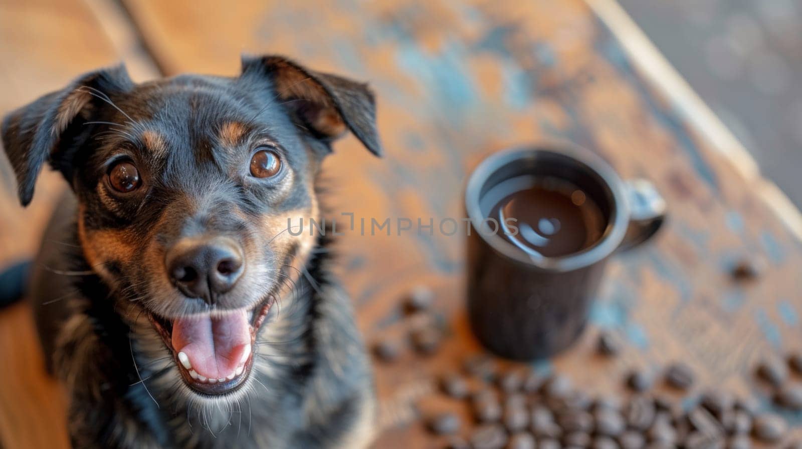 A dog sitting on a table next to coffee and some chocolate, AI by starush