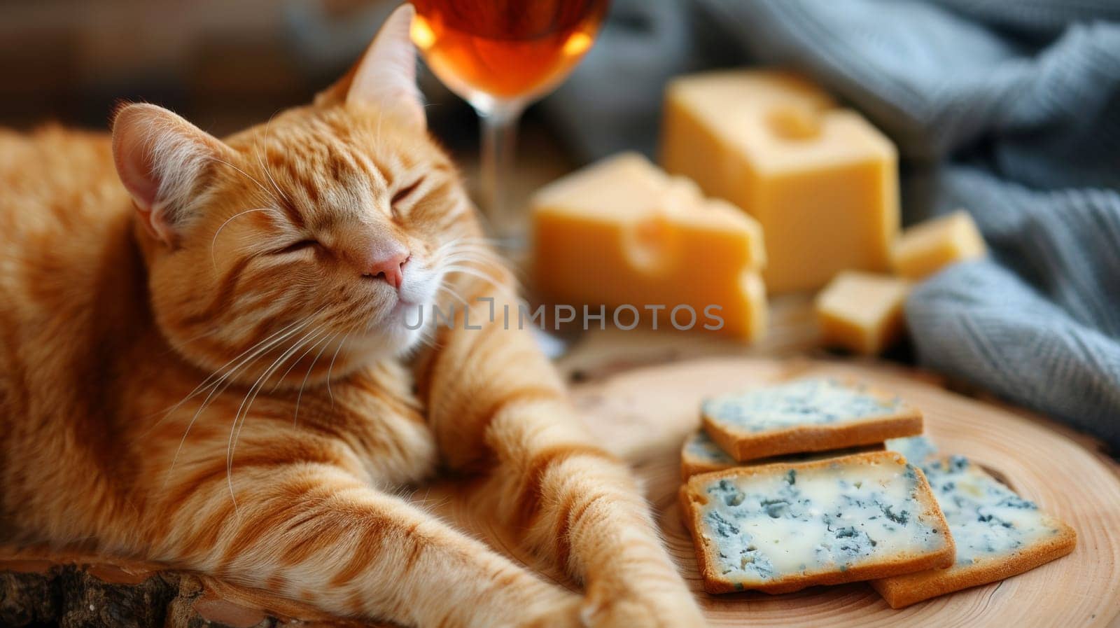 A cat laying on a table next to cheese and wine