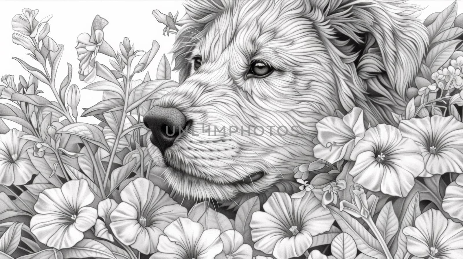 A black and white drawing of a dog in flowers, AI by starush