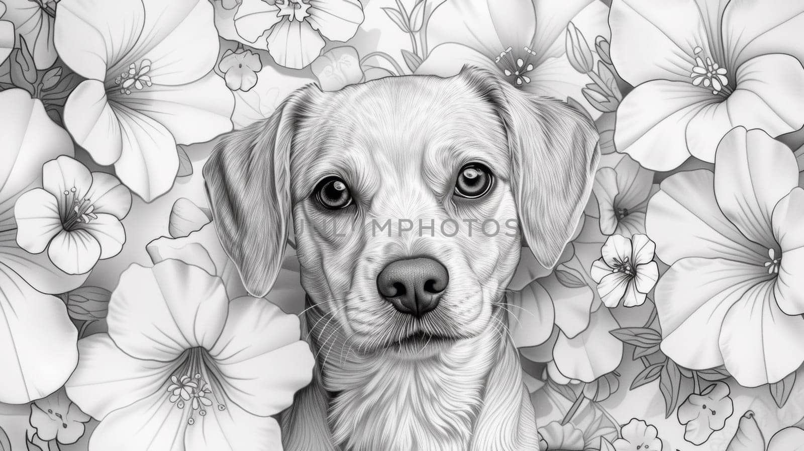 A black and white drawing of a dog surrounded by flowers, AI by starush