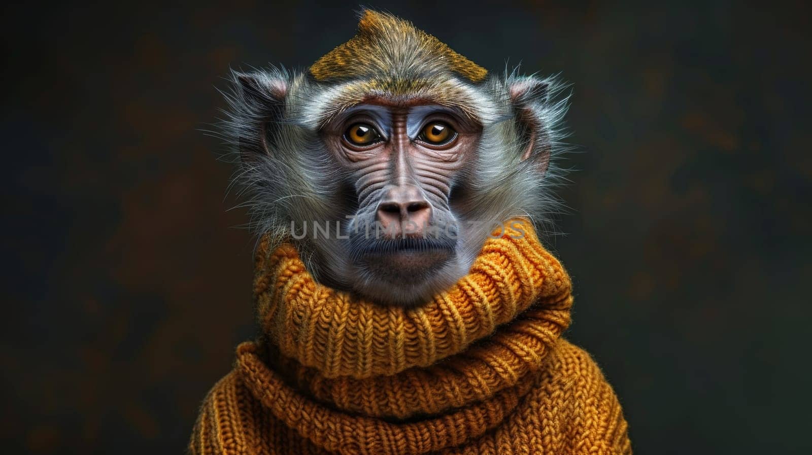 A monkey wearing a sweater with an expression of sadness