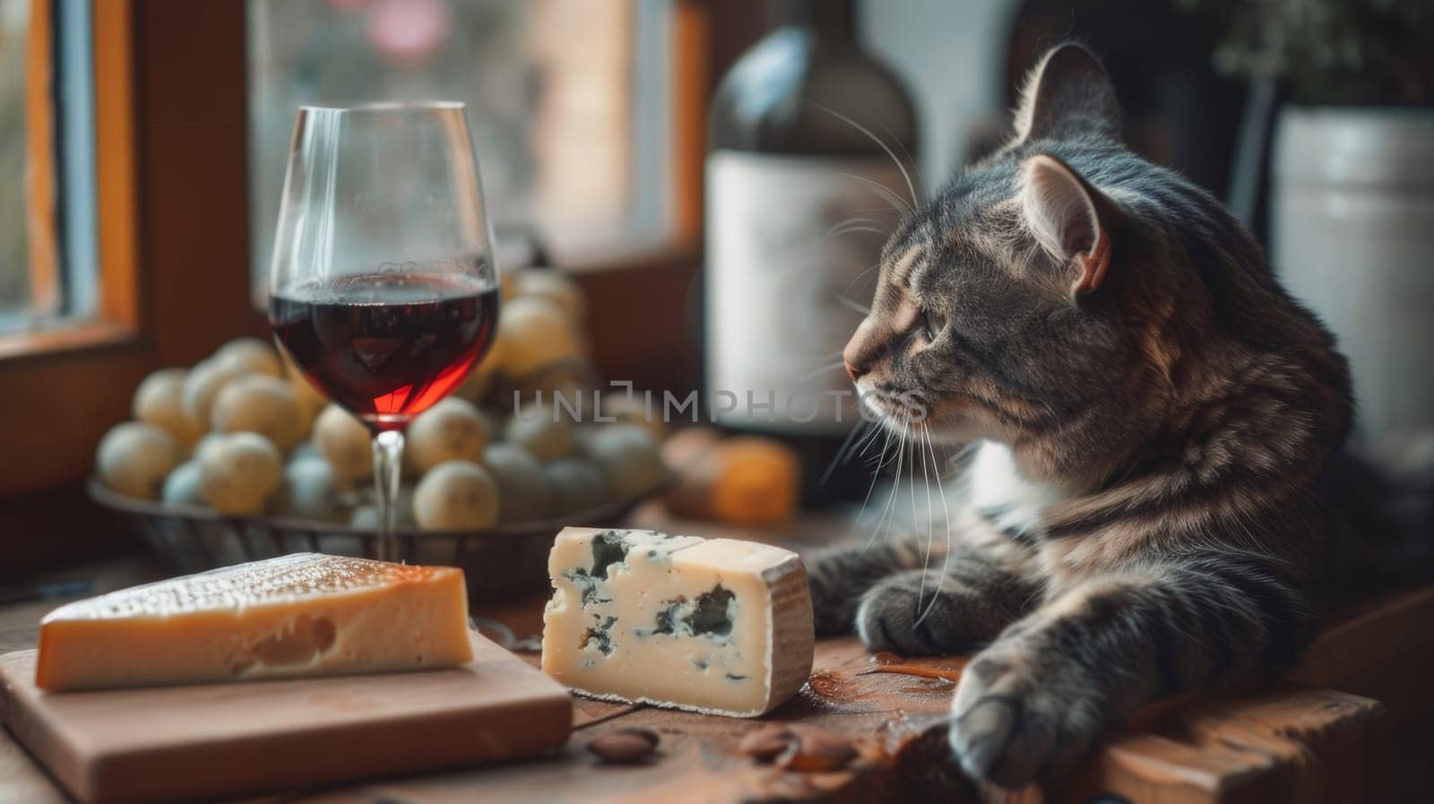 A cat sitting next to a glass of wine and cheese