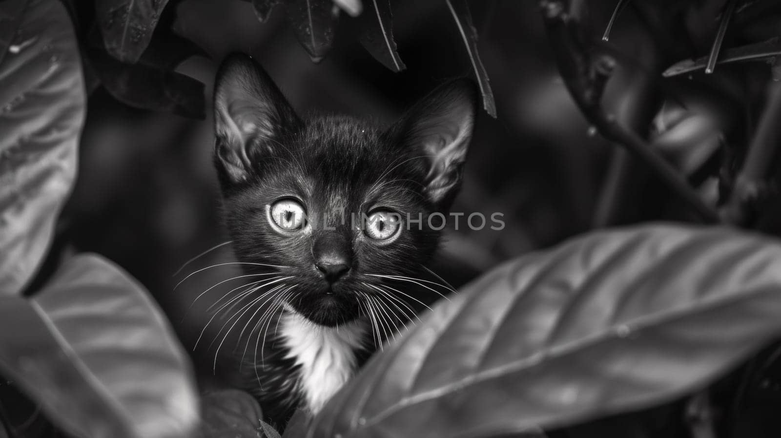 A black and white photo of a cat peeking out from behind leaves, AI by starush