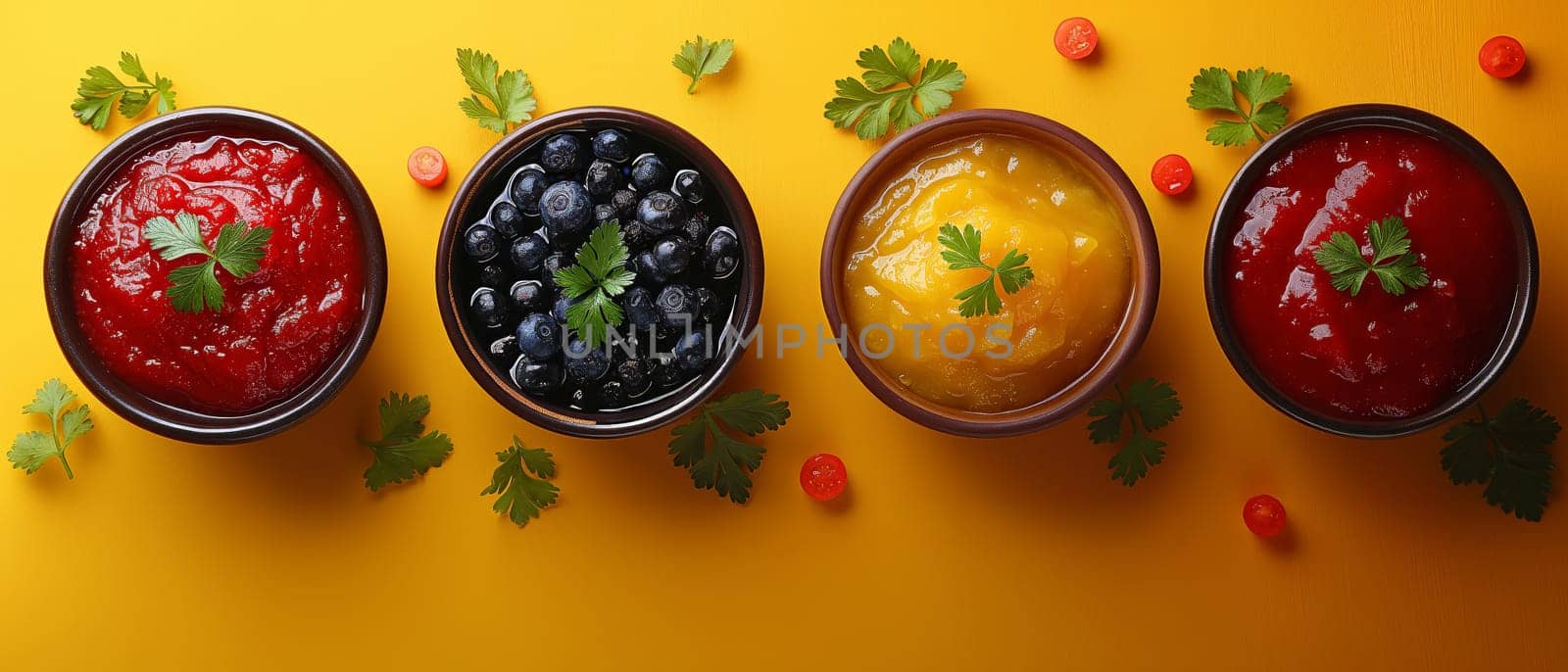 Food background with spices, herbs, sauces and vegetables on a yellow background.