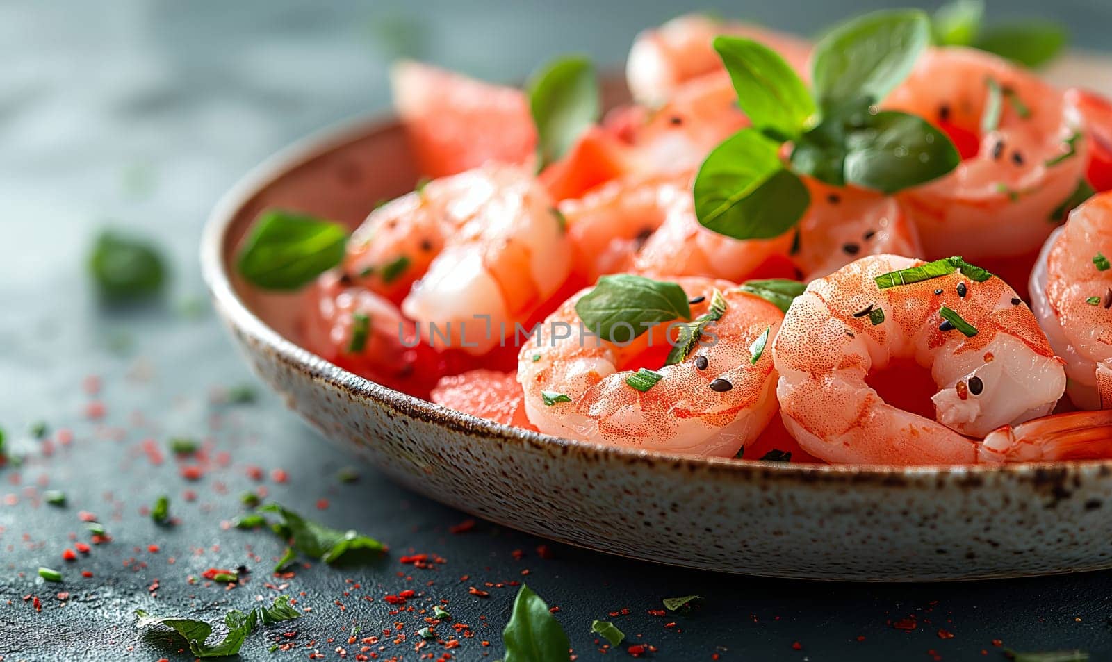 Delicious sauteed spicy shrimp with lime and basilik. Selrctive soft focus.