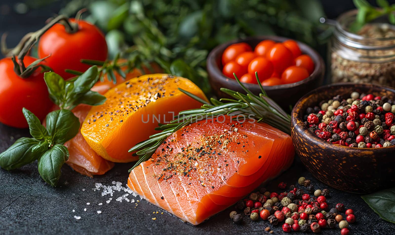 Set of fresh products for healthy food on wooden table by Fischeron