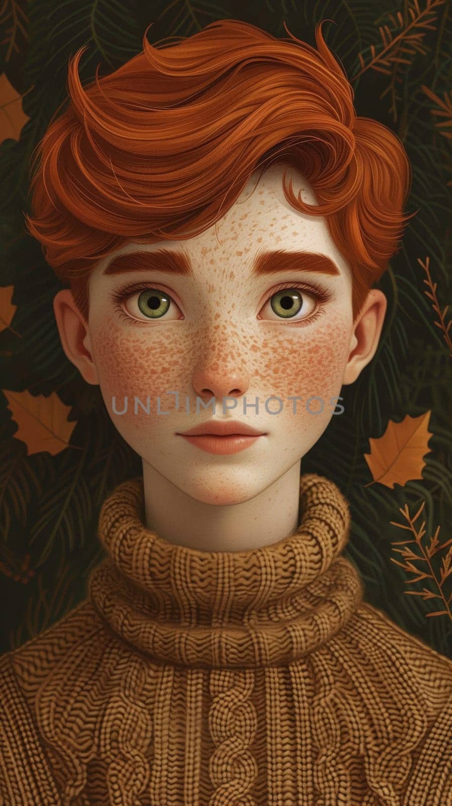 A close up of a boy with red hair wearing a sweater