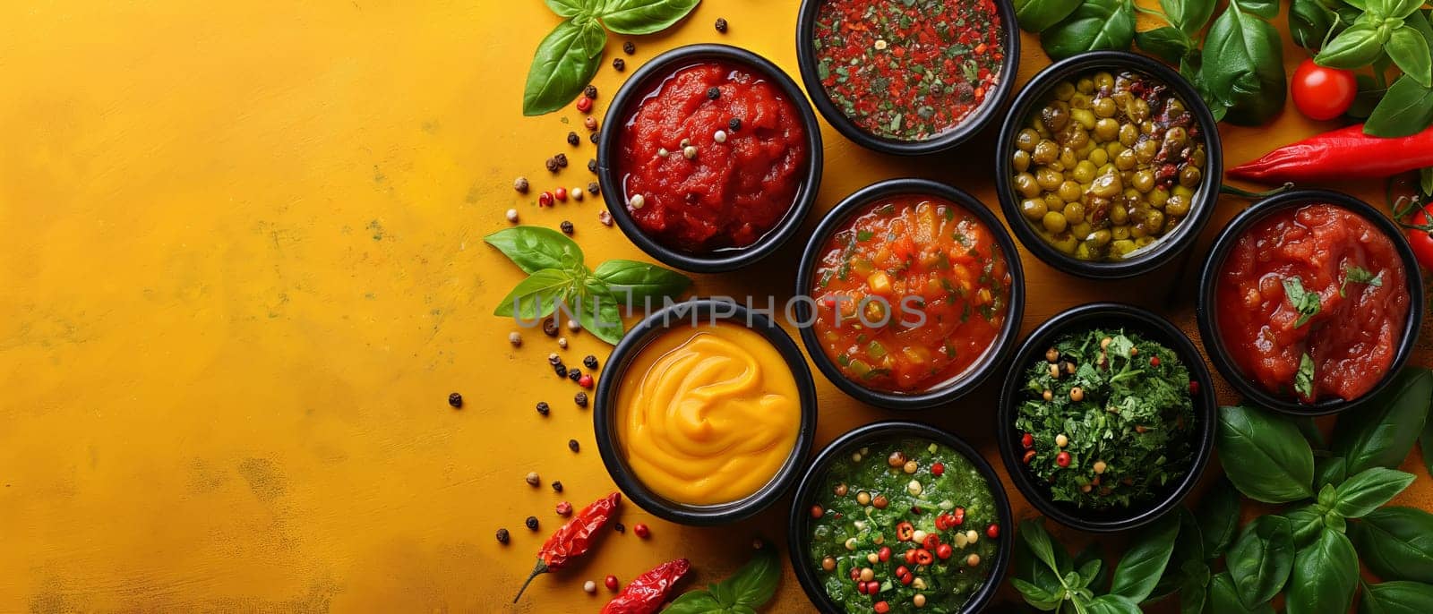 Food background with spices, herbs, sauces and vegetables on a yellow background.